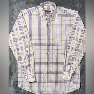 Burberry London Dress Shirt Men Medium White Purple Plaid Check Brit Long Sleeve